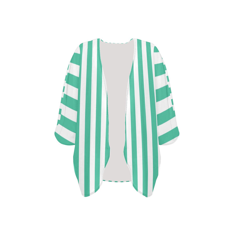 mint green striped print Women's Kimono Chiffon Cover Up (Model H51) - Objet D'Art