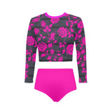 fuchsia print solid Long Sleeve Bikini Set (Model S27) - Objet D'Art