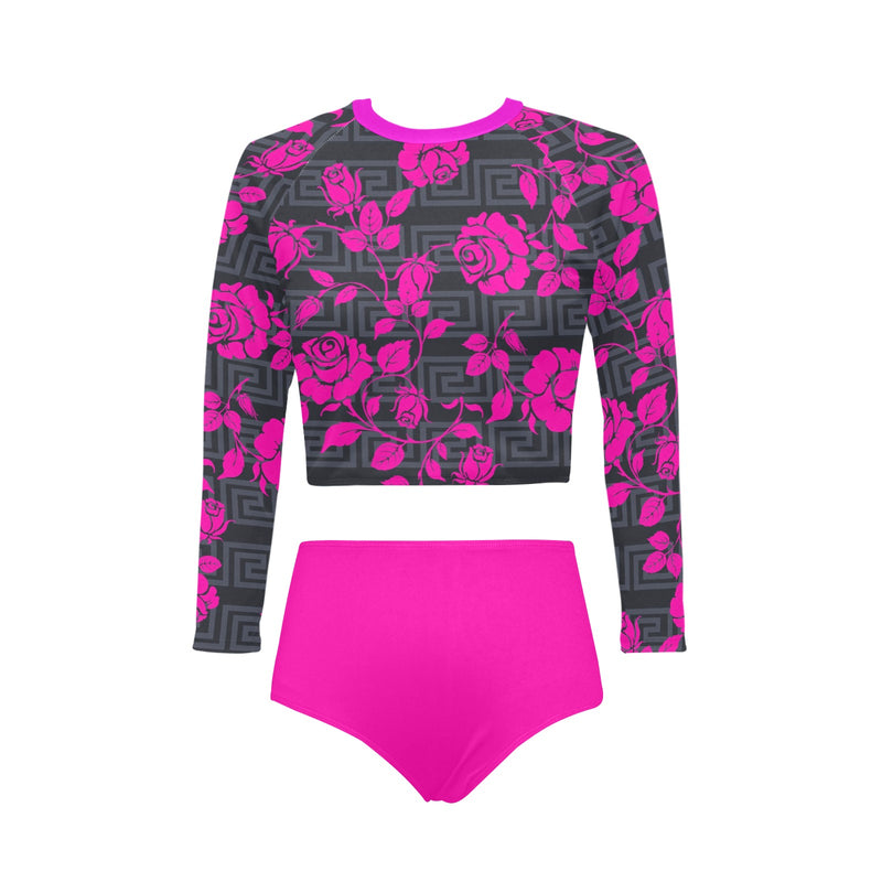 fuchsia print solid Long Sleeve Bikini Set (Model S27) - Objet D'Art