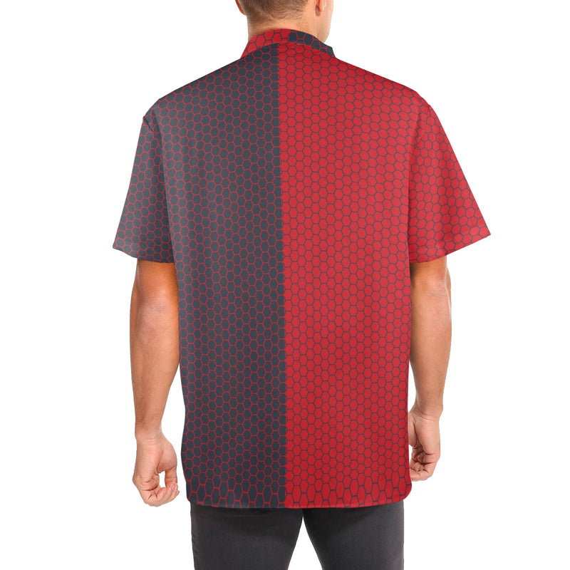 grey red hex print Men's Stand-Up Collar Short Sleeve Shirt - Objet D'Art