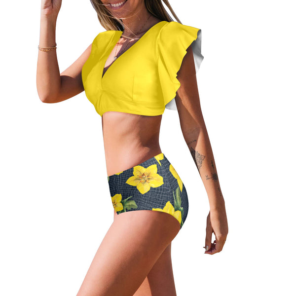 yellow flora print copy Women's Ruffle Sleeve Bikini Swimsuit (Model S42) - Objet D'Art