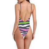 pink and green camo print Sexy Low Back One-Piece Swimsuit (Model S09) - Objet D'Art