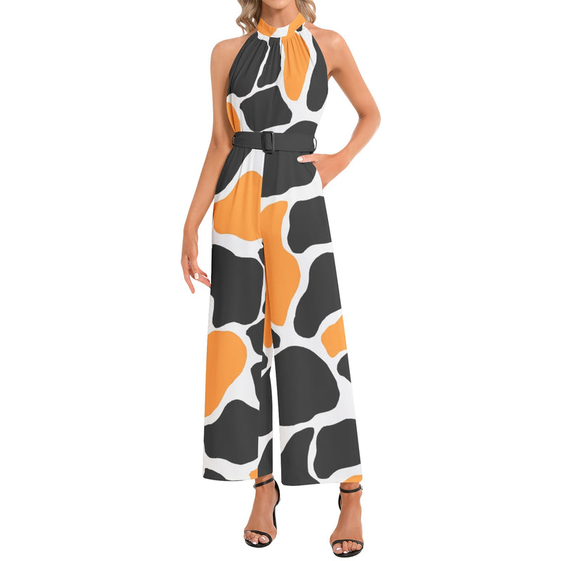 Abstract Animal Print Halter Neck Buckle Belted Jumpsuit - Objet D'Art