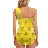 gold 2 cheribum print Women's One Shoulder Backless Swimsuit (Model S44) - Objet D'Art