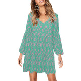pink & green rose print V-Neck Loose Fit Dress (Model D62) - Objet D'Art