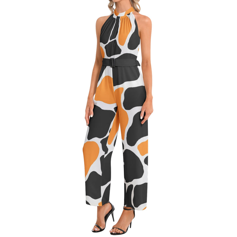 Abstract Animal Print Halter Neck Buckle Belted Jumpsuit - Objet D'Art