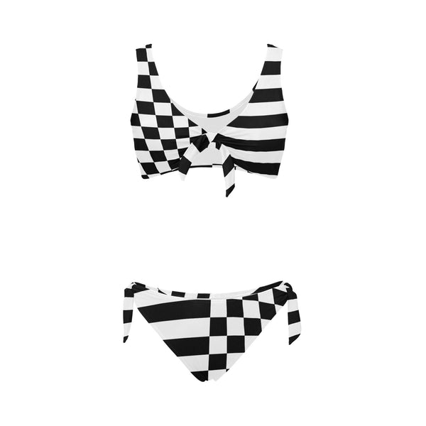 check stripe print 2 Bow Tie Front Bikini Swimsuit (Model S38) - Objet D'Art