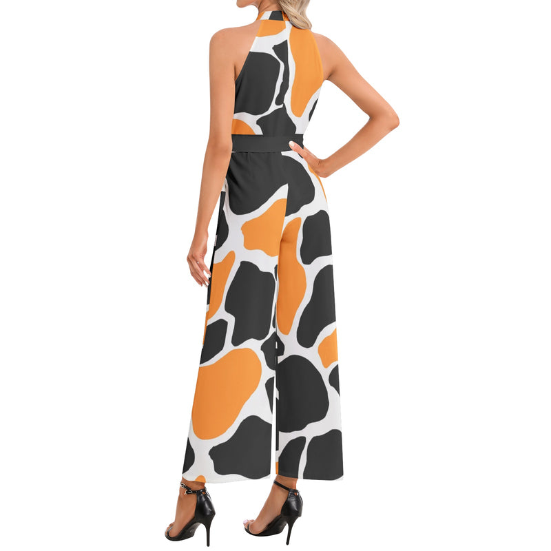 Abstract Animal Print Halter Neck Buckle Belted Jumpsuit - Objet D'Art