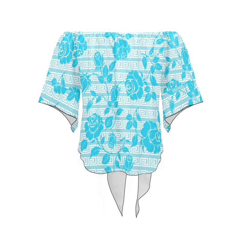 greek roses in blue print Off Shoulder Knot Front Blouse (Model T71) - Objet D'Art