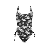 aquatic life bw print Drawstring Side One-Piece Swimsuit (Model S14) - Objet D'Art