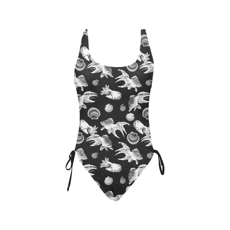 aquatic life bw print Drawstring Side One-Piece Swimsuit (Model S14) - Objet D'Art