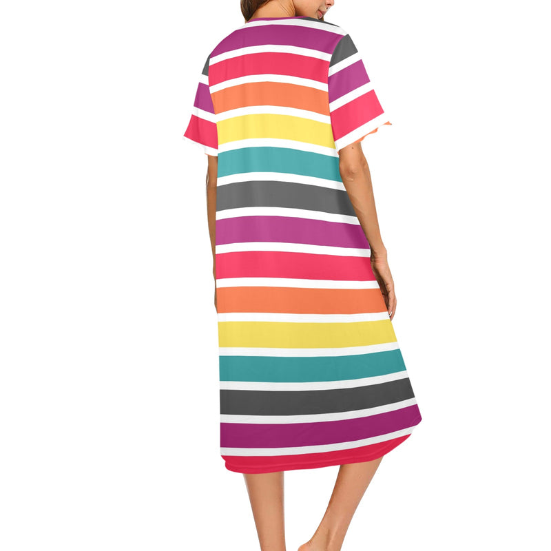 blue and white solid half Women's Button Front House Dress - Objet D'Art