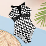 black solid print skirt Women's High Neck Plunge Mesh Ruched Swimsuit (S43) - Objet D'Art