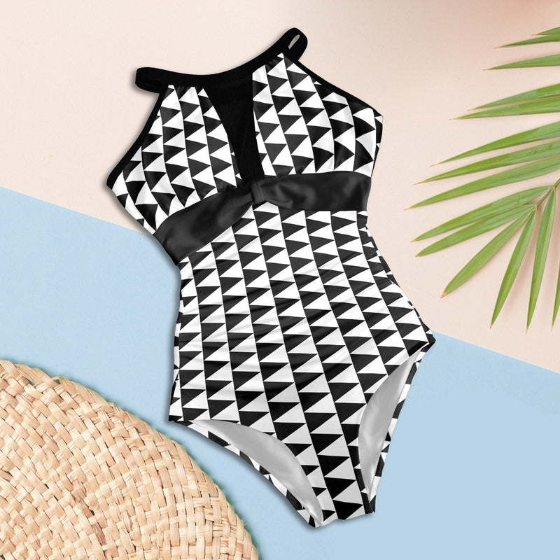 black solid print skirt Women's High Neck Plunge Mesh Ruched Swimsuit (S43) - Objet D'Art