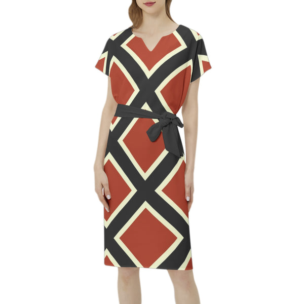 Batwing Sleeve Notch Neck Casual Dress with Belt - Objet D'Art