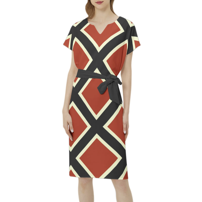 Batwing Sleeve Notch Neck Casual Dress with Belt - Objet D'Art