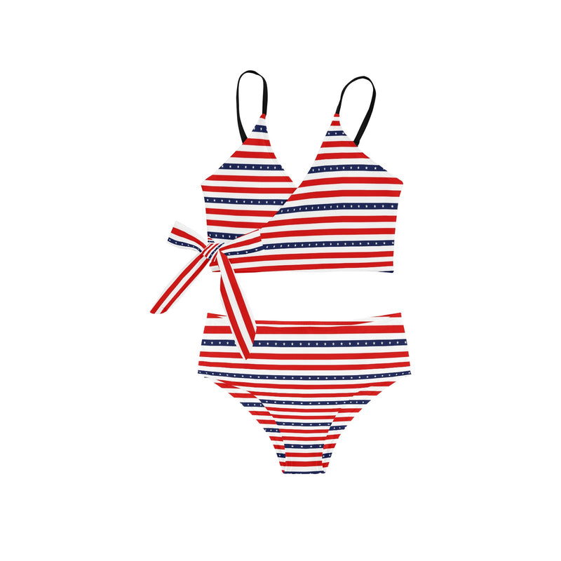 americana stars and stripes striped print 2 Knot Side Bikini Swimsuit (Model S37) - Objet D'Art