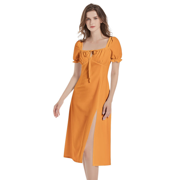 Flame Orange Puff Sleeve Split Thigh Midi Dress - Objet D'Art