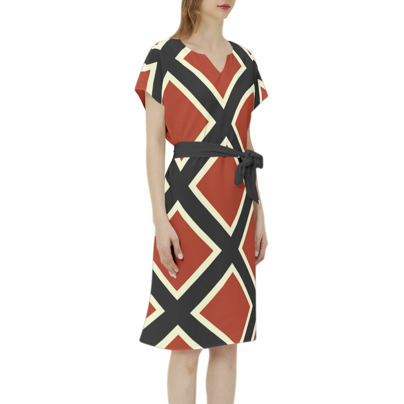 Batwing Sleeve Notch Neck Casual Dress with Belt - Objet D'Art