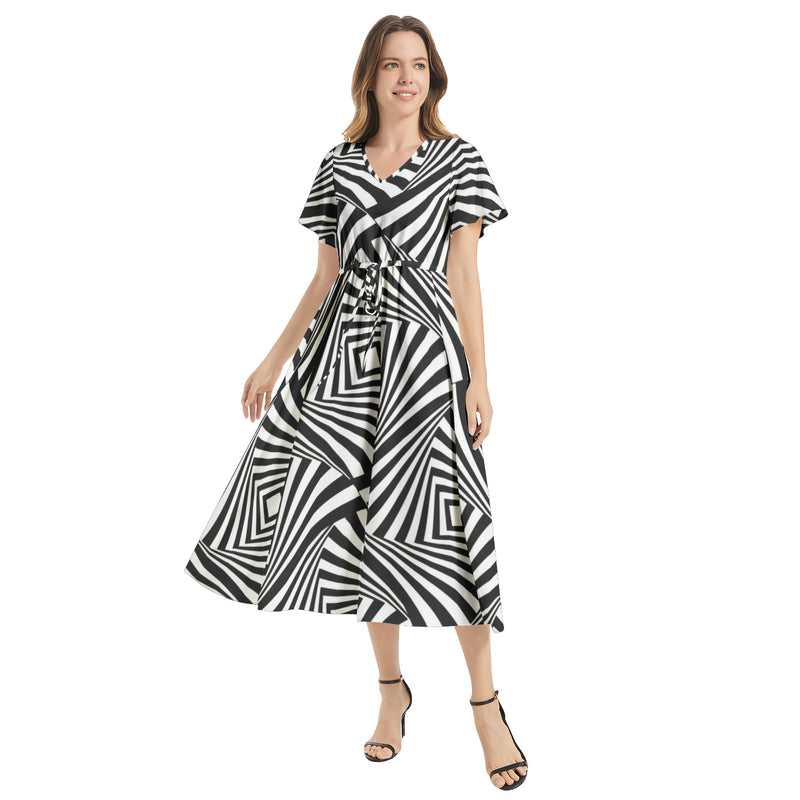 Flutter Sleeve Drawstring Waist Flared Dress - Objet D'Art