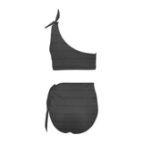 gray greek key print 2 High Waisted One Shoulder Bikini Set (Model S16) - Objet D'Art