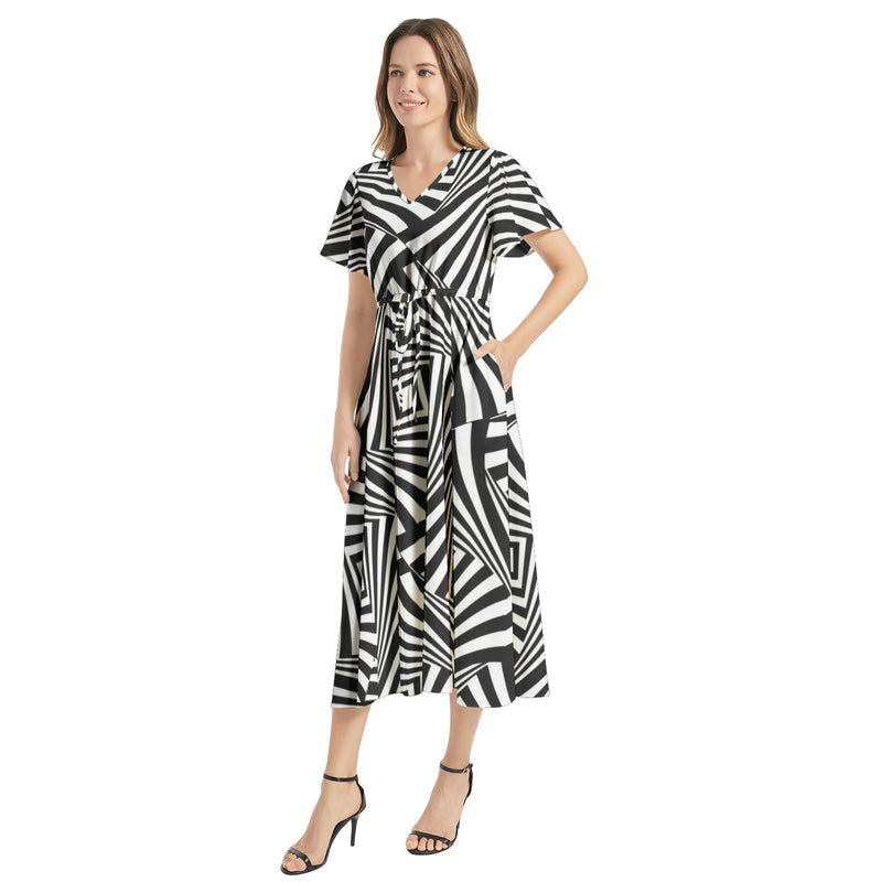 Flutter Sleeve Drawstring Waist Flared Dress - Objet D'Art