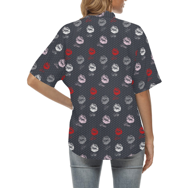 lips hex gray print All Over Print Hawaiian Shirt for Women (Model T58) - Objet D'Art