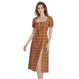M Kemp Fall Time Plaid Puff Sleeve Split Thigh Midi Dress - Objet D'Art