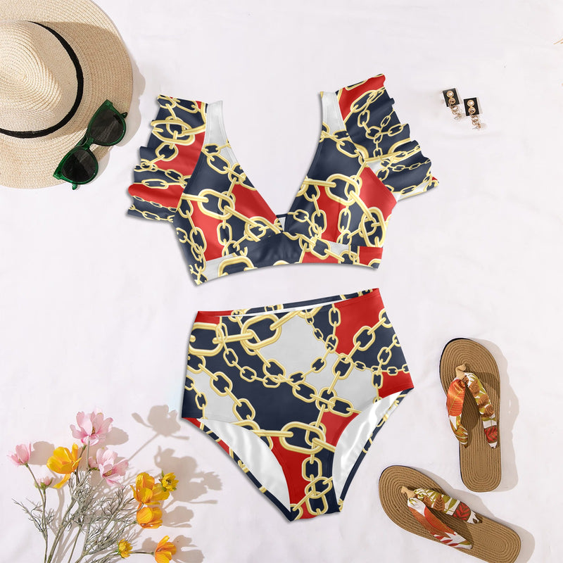 marine camo Women's Ruffle Sleeve Bikini Swimsuit (Model S42) - Objet D'Art