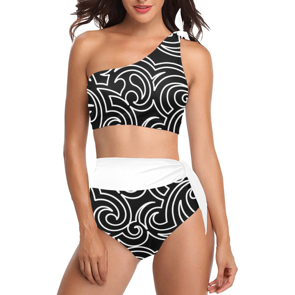 light blue print High Waisted One Shoulder Bikini Set (Model S16) - Objet D'Art