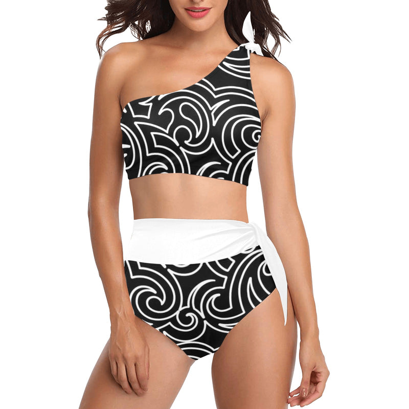 light blue print High Waisted One Shoulder Bikini Set (Model S16) - Objet D'Art