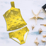 gold 2 cheribum print Women's One Shoulder Backless Swimsuit (Model S44) - Objet D'Art