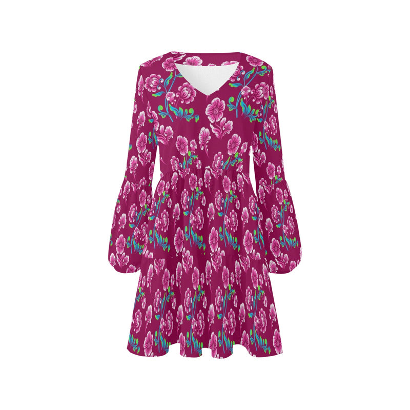 maroon floral print V-Neck Loose Fit Dress (Model D62) - Objet D'Art