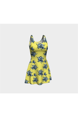 Blue Floral on Yellow Flare Dress - Objet D'Art