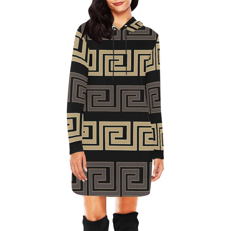 brown beige greek key print 10A All Over Print Hoodie Mini Dress (Model H27) - Objet D'Art