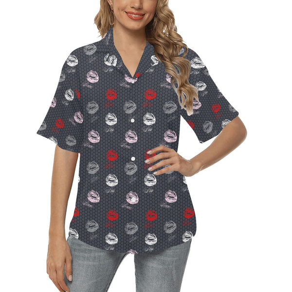 lips hex gray print All Over Print Hawaiian Shirt for Women (Model T58) - Objet D'Art