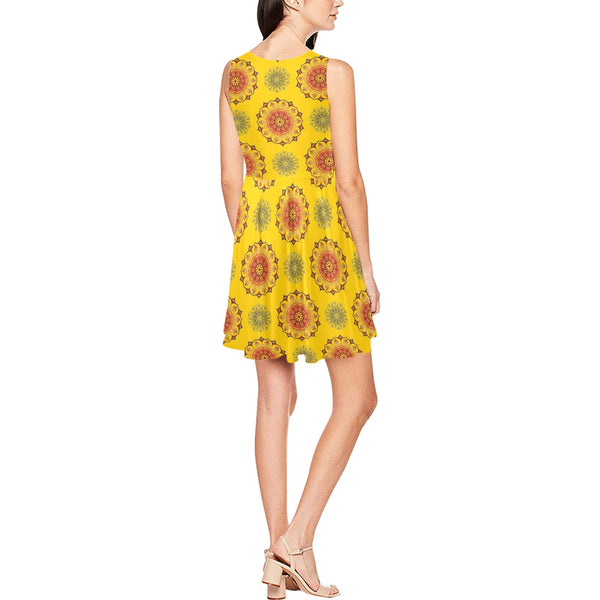 mandala gold Thea Sleeveless Skater Dress(Model D19) - Objet D'Art