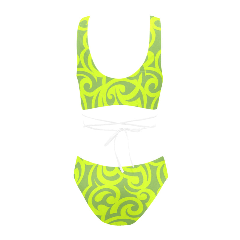 neon green scroll print 2 Cross String Bikini Set (Model S29) - Objet D'Art
