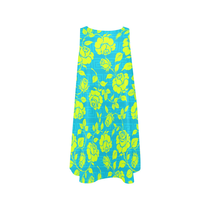 neon green blue greek key print 2 Sleeveless A-Line Pocket Dress (Model D57) - Objet D'Art