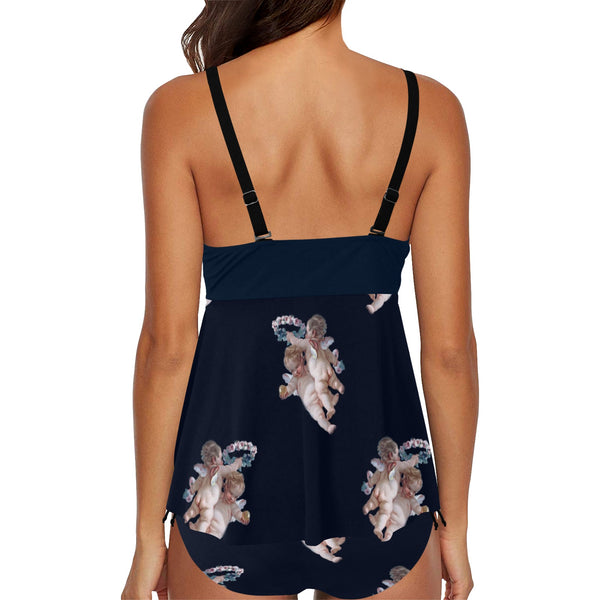 navy blue 2 print 4 Chest Drawstring Swim Dress (Model S30) - Objet D'Art