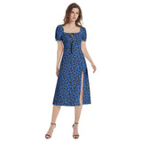 Leopard Print Puff Sleeve Split Thigh Midi Dress - Objet D'Art
