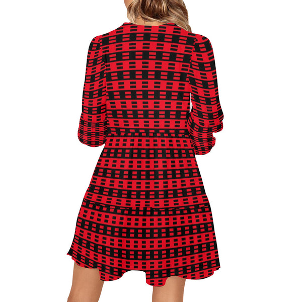 red black dashes print 2 V-Neck Loose Fit Dress (Model D62) - Objet D'Art