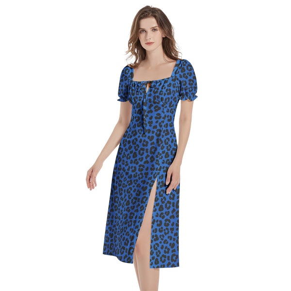 Leopard Print Puff Sleeve Split Thigh Midi Dress - Objet D'Art