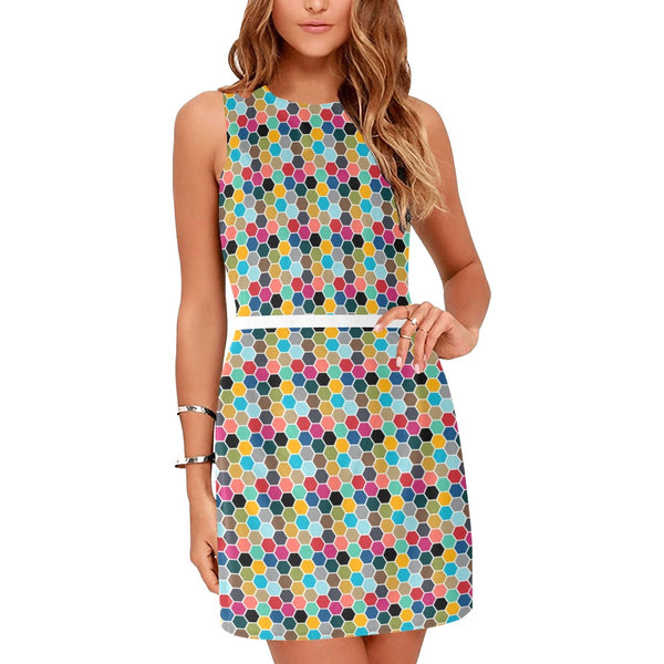 colorful hex swimwear print Eos Women's Sleeveless Dress (Model D01) - Objet D'Art