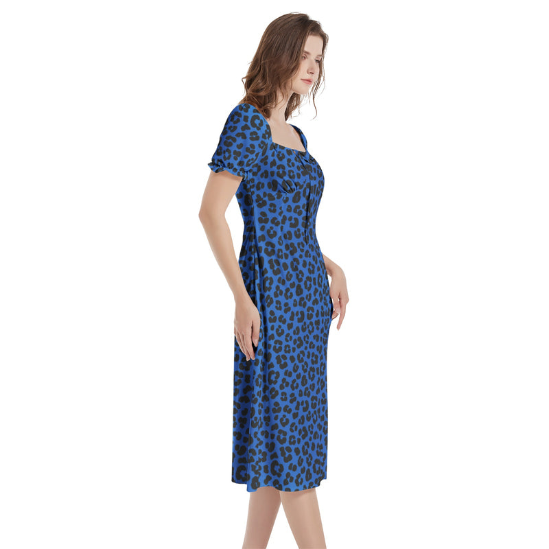 Leopard Print Puff Sleeve Split Thigh Midi Dress - Objet D'Art