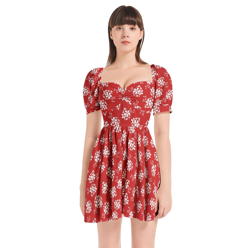 White Floral Silhouettes Puff Sleeve Sweetheart Neck Short Dress - Objet D'Art