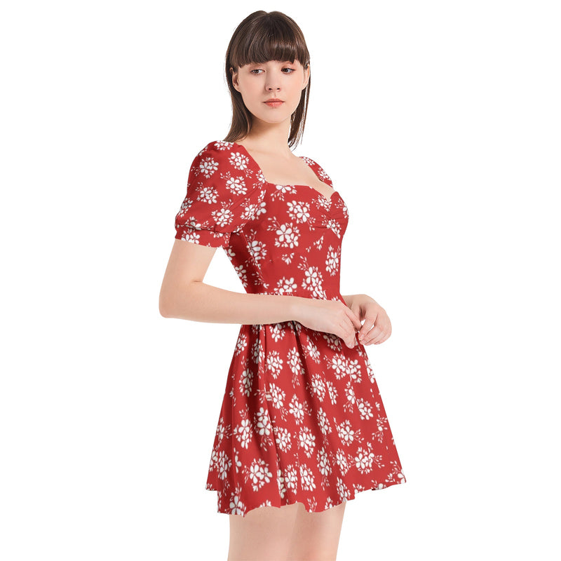 White Floral Silhouettes Puff Sleeve Sweetheart Neck Short Dress - Objet D'Art