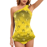 gold 2 cheribum print Women's One Shoulder Backless Swimsuit (Model S44) - Objet D'Art