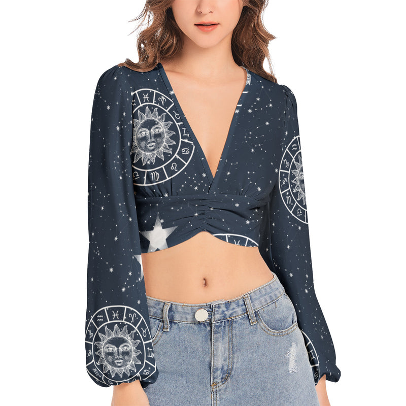 Women's Deep V-Neck Lantern Sleeve Crop Top - Objet D'Art