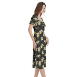 Azaleas Print Puff Sleeve Split Thigh Midi Dress - Objet D'Art